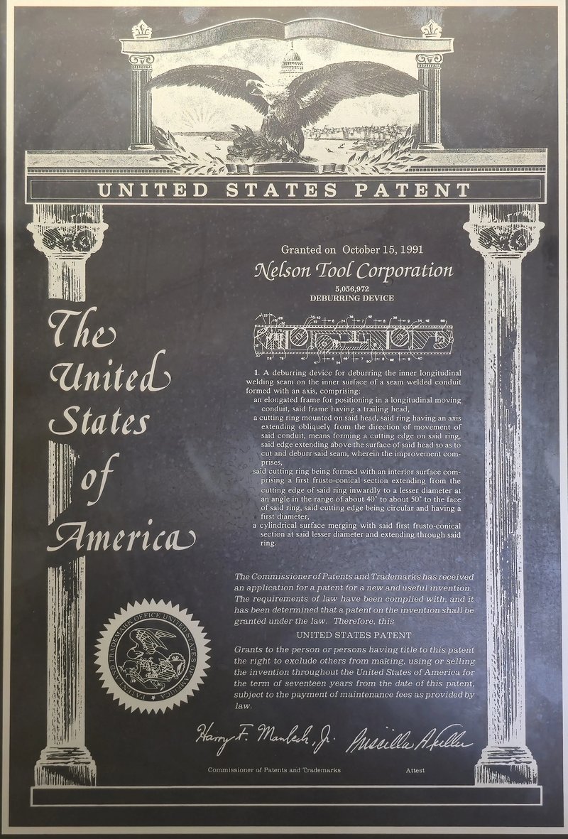 Framed U.S. Patent 5,056,972, Deburring Device, granted to Nelson Tool Corporation October 15, 1991